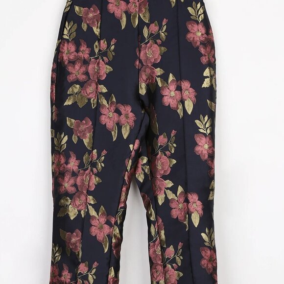 NWT Lulus Bloom Boldly Navy Blue Floral Satin Jacquard Trouser Pants - Picture 6 of 11